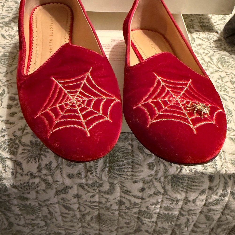 Charlotte Olympia Red Velvet Spider Web Flats - Picture 2 of 12